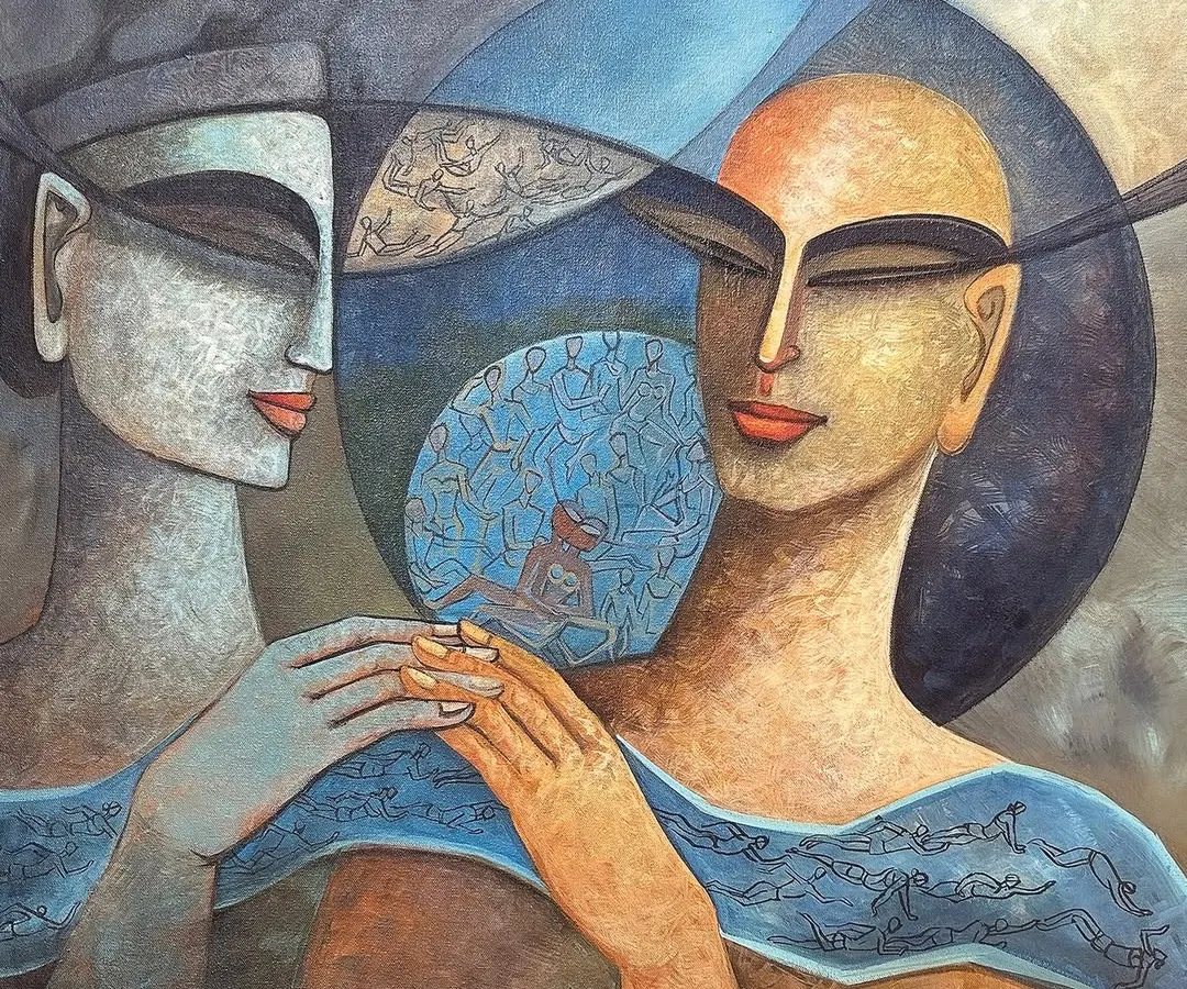 This is an example of my acrylic on canvas work, a handmade original painting measuring 30 by 30 inches. I focus on creating beautiful paintings that explore human connection and emotion through a modern, figurative style.