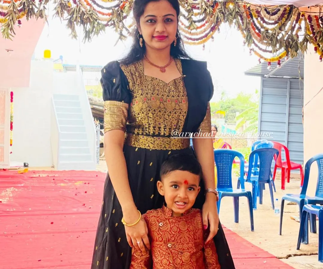 This is the magic of upcycling. I transformed a client's treasured old silk saree into this elegant black and gold Indo-Western gown with an attached dupatta. It’s a completely new look that still holds all the love and memories of the original fabric.