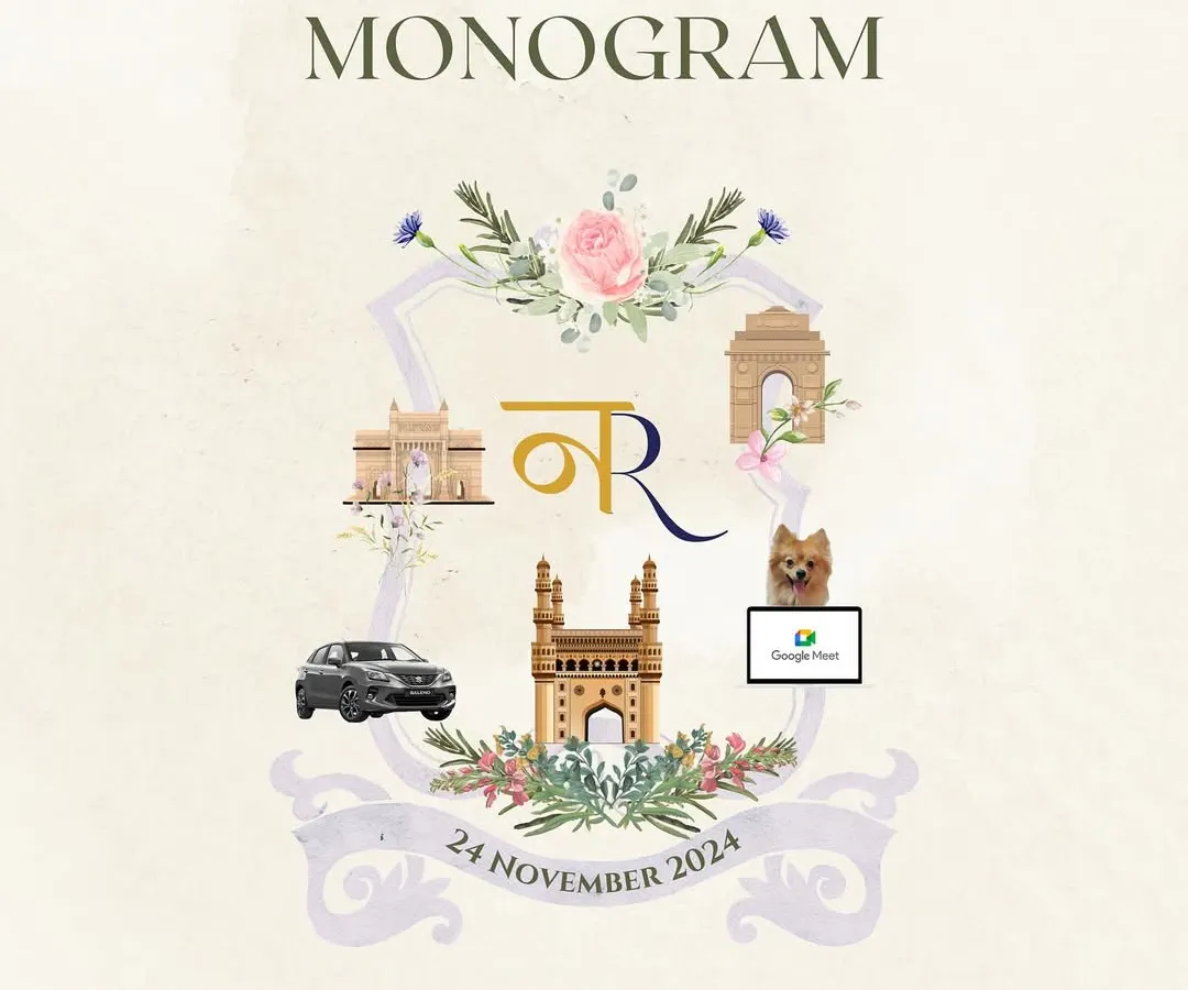 I believe a monogram should be a masterpiece of your personal story. For this couple, I wove together iconic landmarks from their journey, like the Gateway of India and Charminar, alongside their beloved pet, creating a truly bespoke emblem of their love.