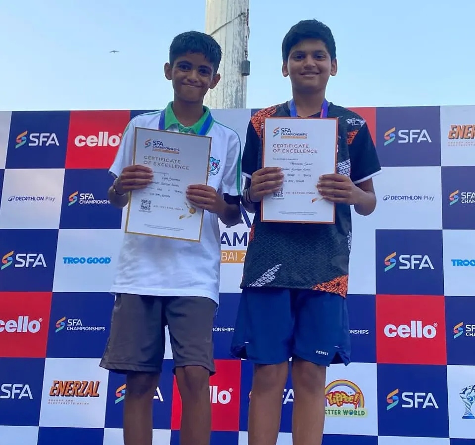 A proud moment for our academy. Here are our champions, Pradhyuman Savant and Vyom Shivmath, with their gold medals in the Under 14 Doubles at the SFA Championship. This is what hard work and proper guidance can achieve.