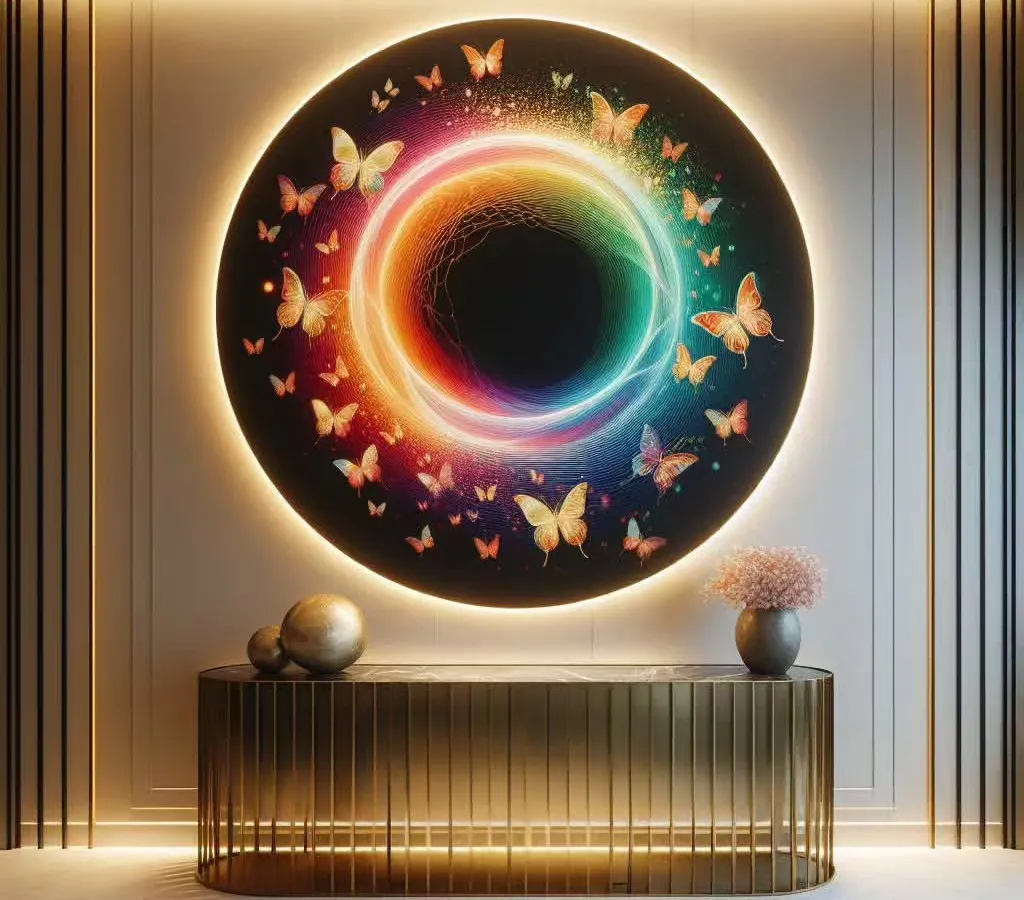 We help you create immersive art experiences in your home. This backlit circular installation, featuring a swirl of butterflies, transforms a foyer into a captivating entrance, demonstrating our custom art advisory and installation services for unique spaces.