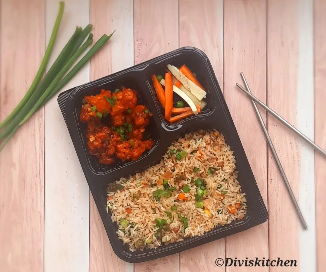 Sometimes you just crave something different, which is why I love adding Indo-Chinese meals to my daily menu. This combo includes my popular Gobi Manchurian, vegetable fried rice, and some crisp pickled veggies, packed and ready for your office lunch.