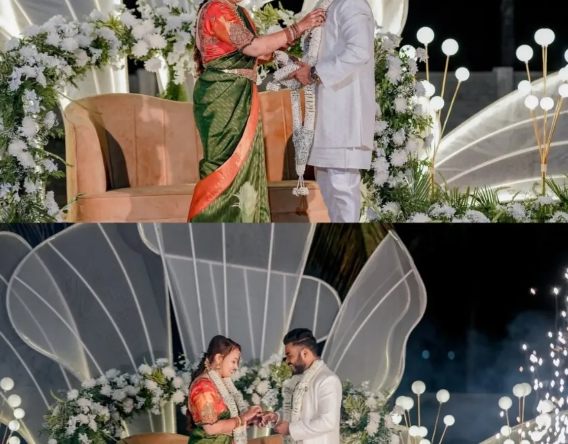 A dramatic stage reveal for an engagement, combining a modern, illuminated backdrop with perfectly timed cold pyro sparklers for a memorable climax.