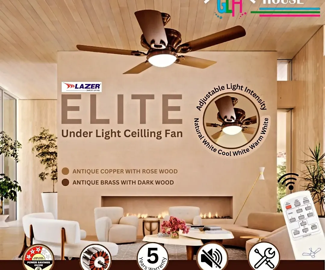 This is my Lazer Elite Under Light Ceiling Fan, a perfect blend of style and function. It features an antique copper finish with rosewood blades, a silent BLDC motor, and an integrated light with adjustable intensity to create the perfect ambiance.