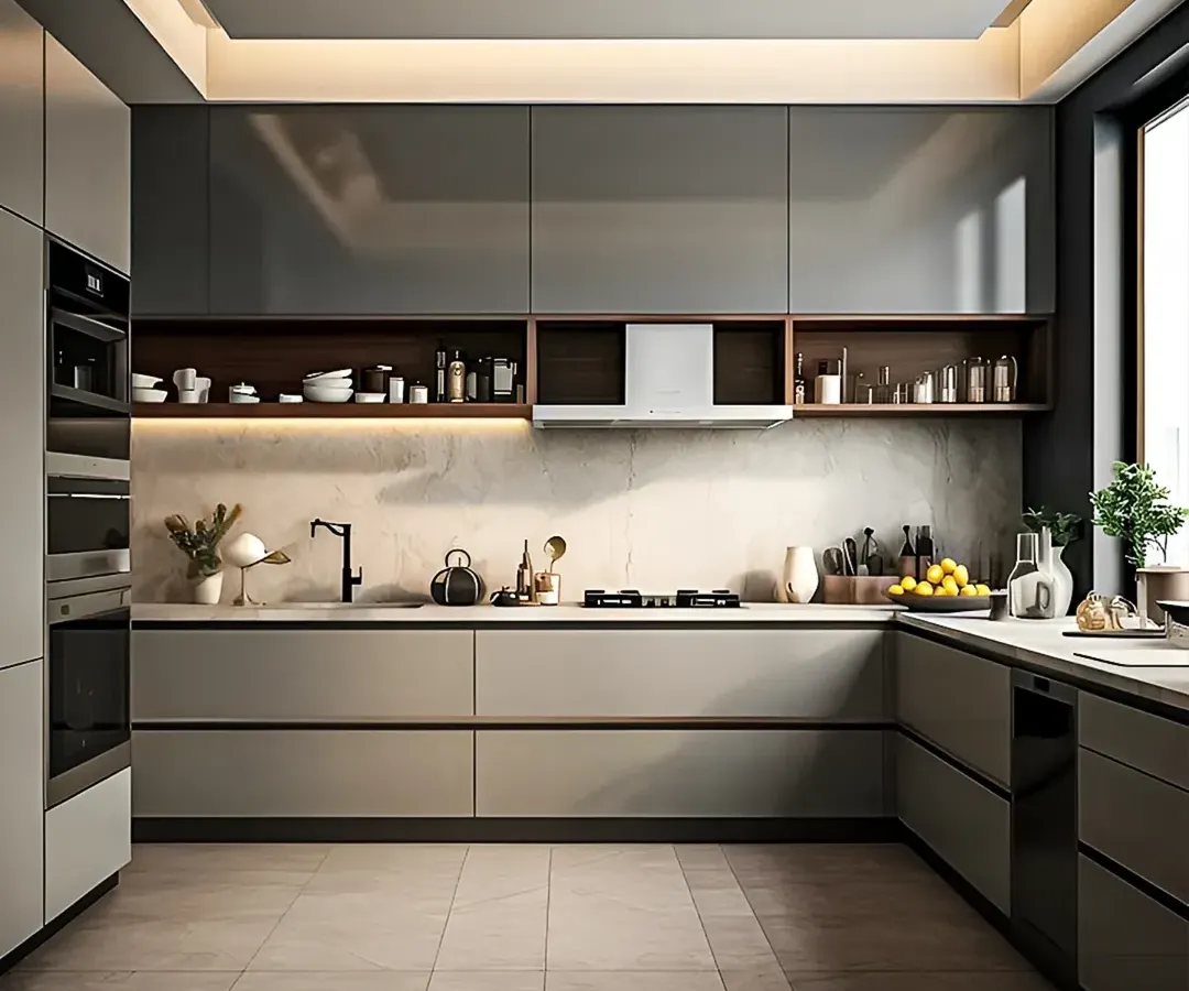 I designed this modular kitchen with a sleek, contemporary aesthetic. It features handleless, high-gloss grey cabinets for a clean look, complemented by open wooden shelving and under-cabinet lighting that highlights the marble backsplash and provides excellent task lighting.