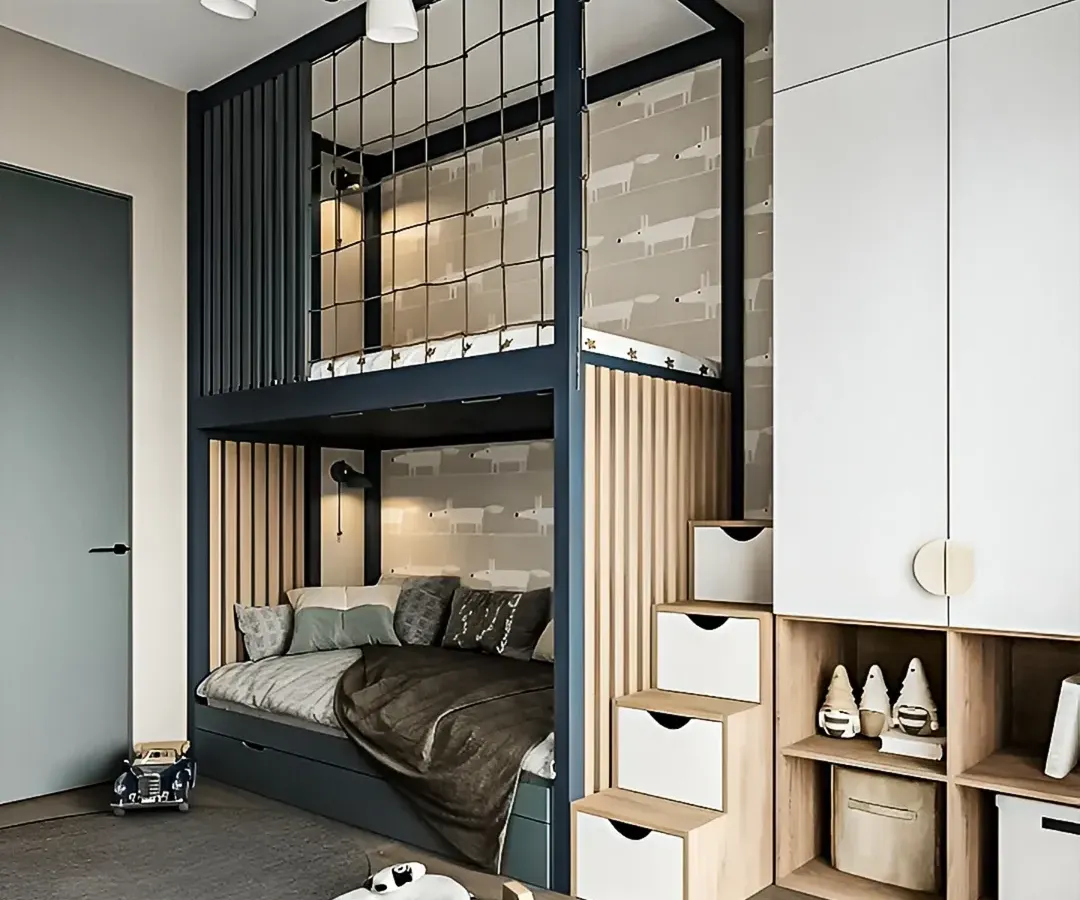 For this child's bedroom, I maximized a small footprint with a custom-built bunk bed. The design includes a lower bed with pull-out storage drawers, a safe upper bunk with a playful rope net, and integrated stairs that double as drawers for toys and clothes.