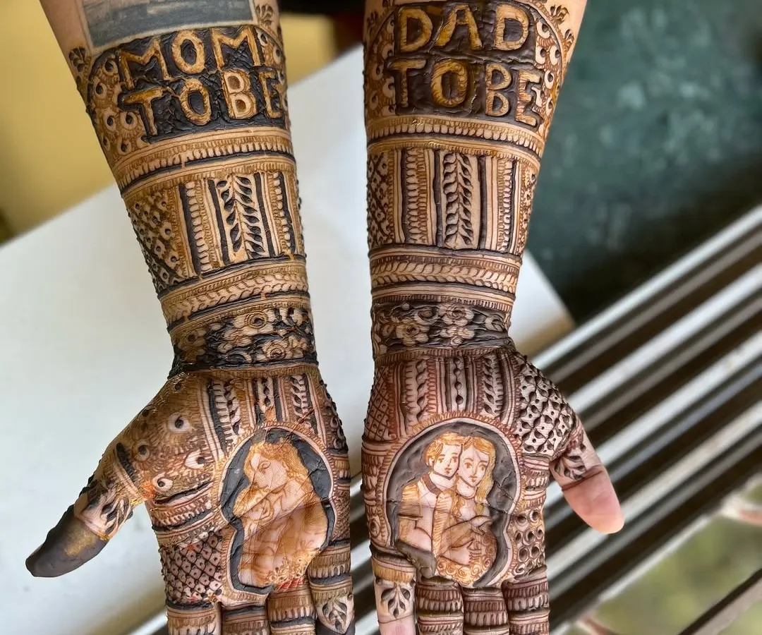A truly special baby shower mehendi for the parents to be. I love creating these custom portraits that celebrate a new chapter in your life, complete with sweet details and personalized messages.