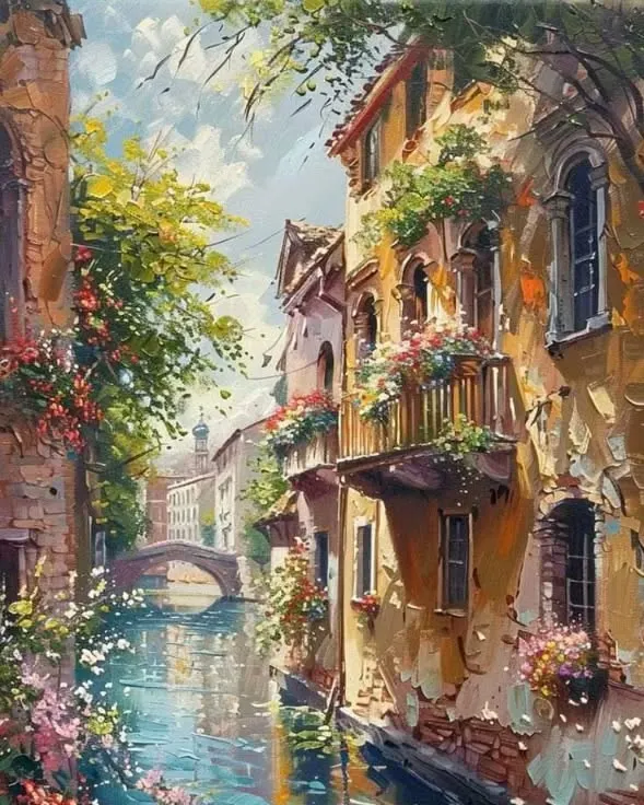 This stunning oil painting of a Venetian canal was created by one of our students. Our classes guide you through advanced techniques like capturing light, reflection, and architectural detail to help you create your own masterpiece.