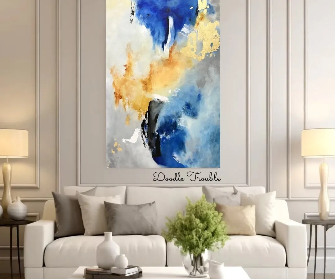 I love creating custom abstract art that transforms a space. This large-scale piece uses a dynamic blend of blues and textured gold leaf to add a touch of sophisticated energy, perfect for a modern home.