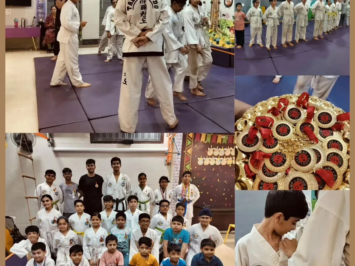 This collage captures the spirit of my Taekwondo workshop. You can see the kids learning stances, celebrating with their medals, and working together as a team, building discipline and respect.