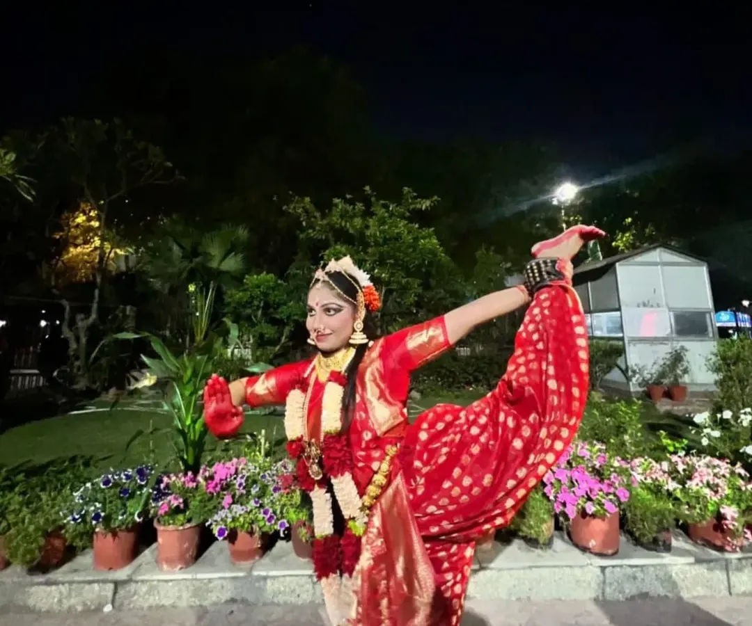 This is one of my proudest moments as a Guru. My student, Shivi, executing a perfect Bharatanatyam pose. Her years of dedication paid off, securing her admission into her dream college with a near-perfect score of 74/75 in the dance trials.