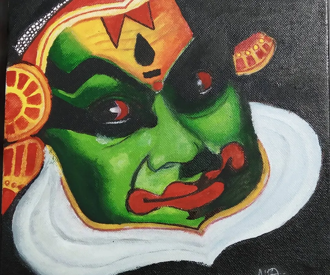 Here is a close-up portrait of a Kathakali performer, a classical dance-drama from Kerala. I focused on the dramatic expression and the bold, traditional makeup, using Fevicryl acrylics on an 8x8 inch canvas to bring this powerful character to life.