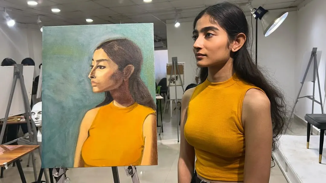 There's nothing quite like a live portrait session. This shows the final oil painting next to the model, capturing not just her likeness but also her quiet grace. This is how we can turn a moment into a timeless piece of art.