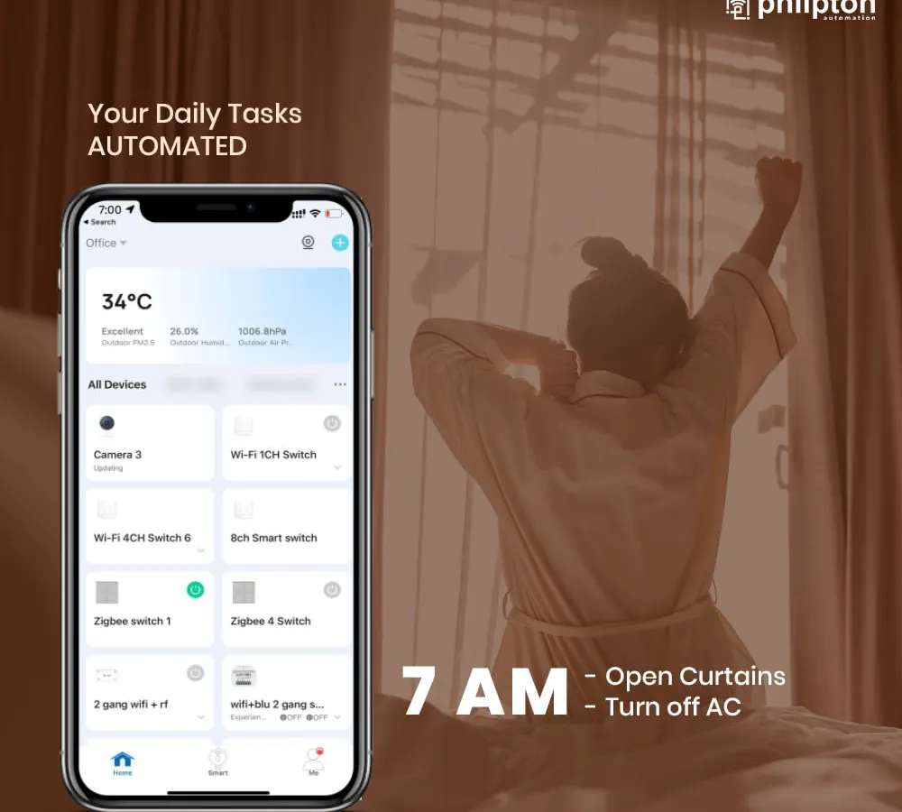 I help you automate your daily routine with smart scheduling. Here, you can see how the Phlipton app is set to automatically open the curtains at 7 AM, letting you wake up naturally with the sun instead of a jarring alarm.
