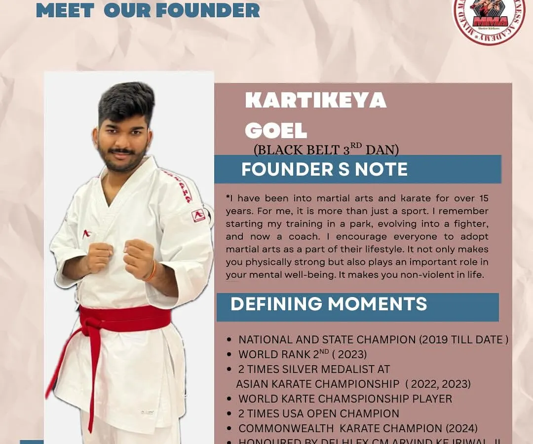 I am Kartikeya Goel, a 3rd Dan Black Belt and international champion. I started this academy to share what martial arts gave me: discipline, strength, and a non-violent way of life. Here, you train directly with me and my team of experienced Senseis.