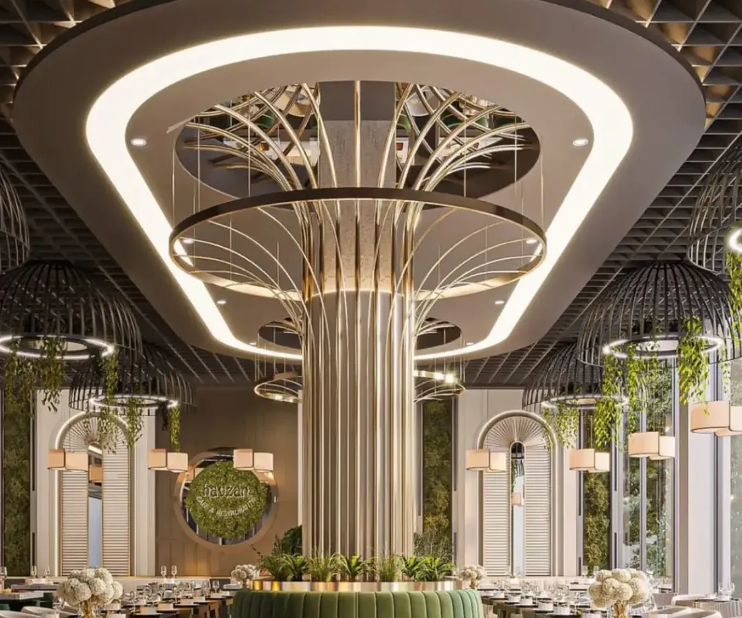 For this restaurant, I designed a central seating area around a striking metallic column that branches out across the ceiling. The combination of green velvet, custom lighting, and a grid ceiling creates a sophisticated and memorable fine dining atmosphere.