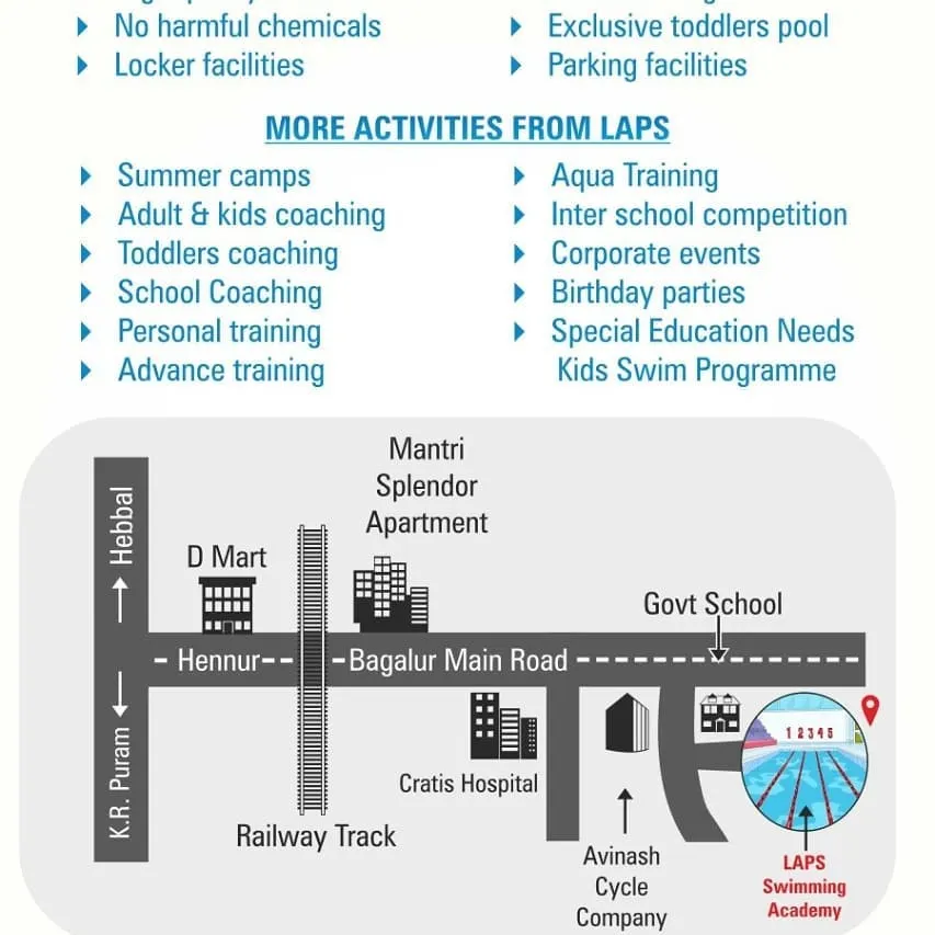 Easily find your way to our swimming academy located on Bagalur Main Road. This map highlights our convenient location with nearby landmarks like D Mart and Cratis Hospital, ensuring you have a hassle-free journey to our facility. Ample parking is available on-site.