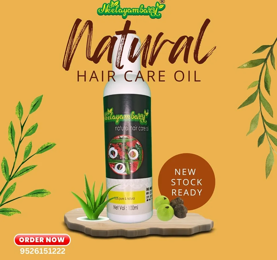 This is my natural hair care oil, the heart of Neelayambary. It's a traditional kaachenna made with over 15 herbs like Neelayamari and Kayyunni, slow-cooked in pure coconut oil. It's made with a lot of love to help reduce hair fall and nourish your scalp.