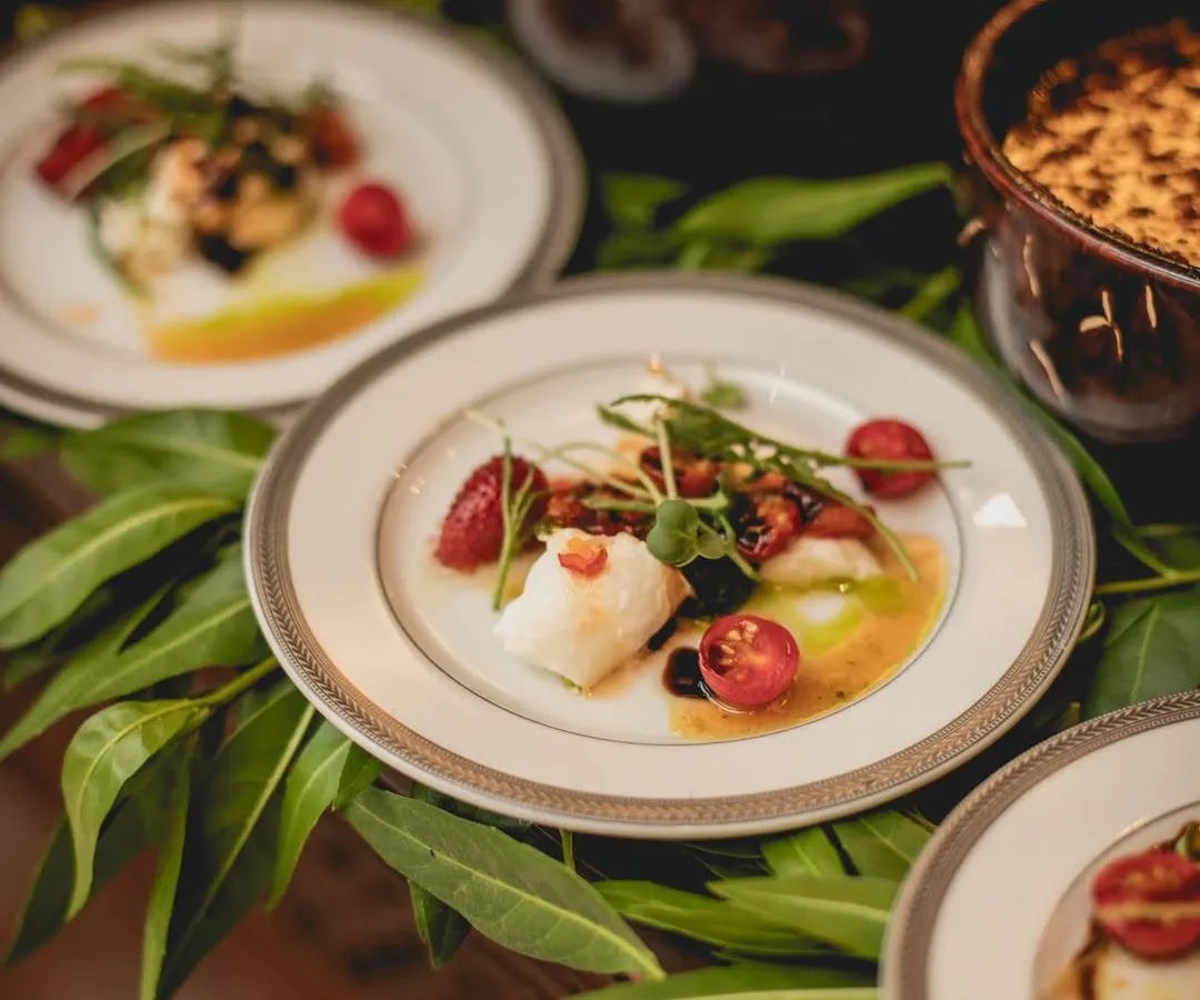 A plate of Burrata di Puglia, where creamy cheese meets the subtle sweetness of chilli jam and fresh basil pesto. This dish represents our philosophy: honouring classic ingredients with a contemporary, artful touch for a refined culinary experience.