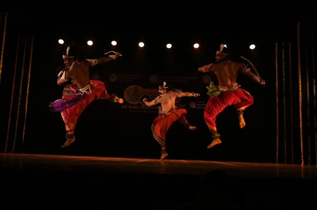 The explosive energy of Mayurbhanj Chhau, my core discipline. This mid-air leap demonstrates the martial precision and athletic power that defines this ancient dance form.