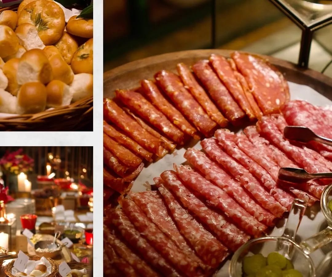 A glimpse into the layers of a bespoke grazing experience. This collage highlights the key elements: premium, carefully sourced deli meats, freshly baked rosemary and onion focaccia, and the warm, candlelit ambiance that defines my events.