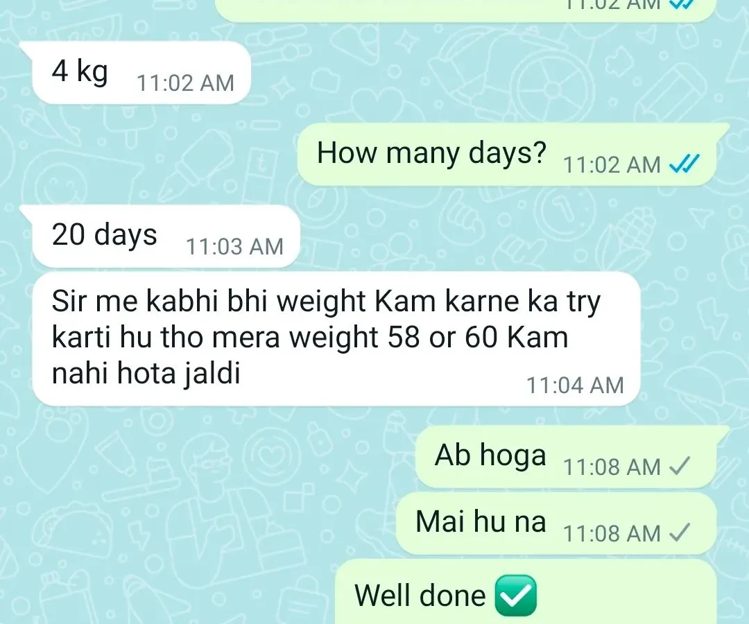 Real results from a real client. She lost 4 kgs in just 20 days by staying consistent with the personalized plan we created together. This is proof that when you show up for yourself, anything is possible.