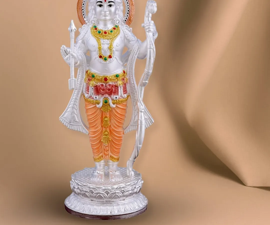 We present this magnificent Lord Ram idol, crafted from pure silver with delicate color accents. The sharp features and serene expression are a testament to our electroforming process, creating a divine presence for your home or office space.