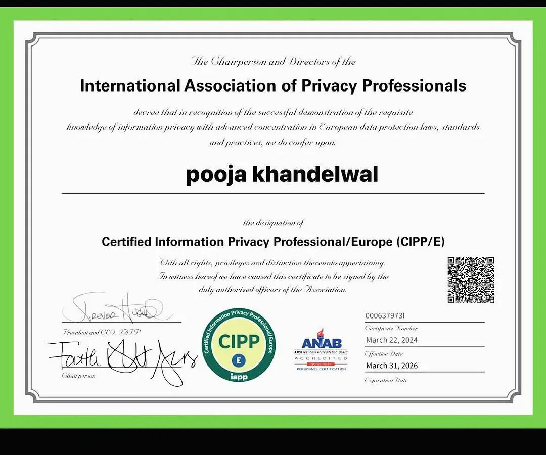 My Certified Information Privacy Professional/Europe (CIPP/E) credential is proof of my deep expertise in international data privacy compliance. I am equipped to build a strong digital fortress for your business against data theft and cyber incidents.