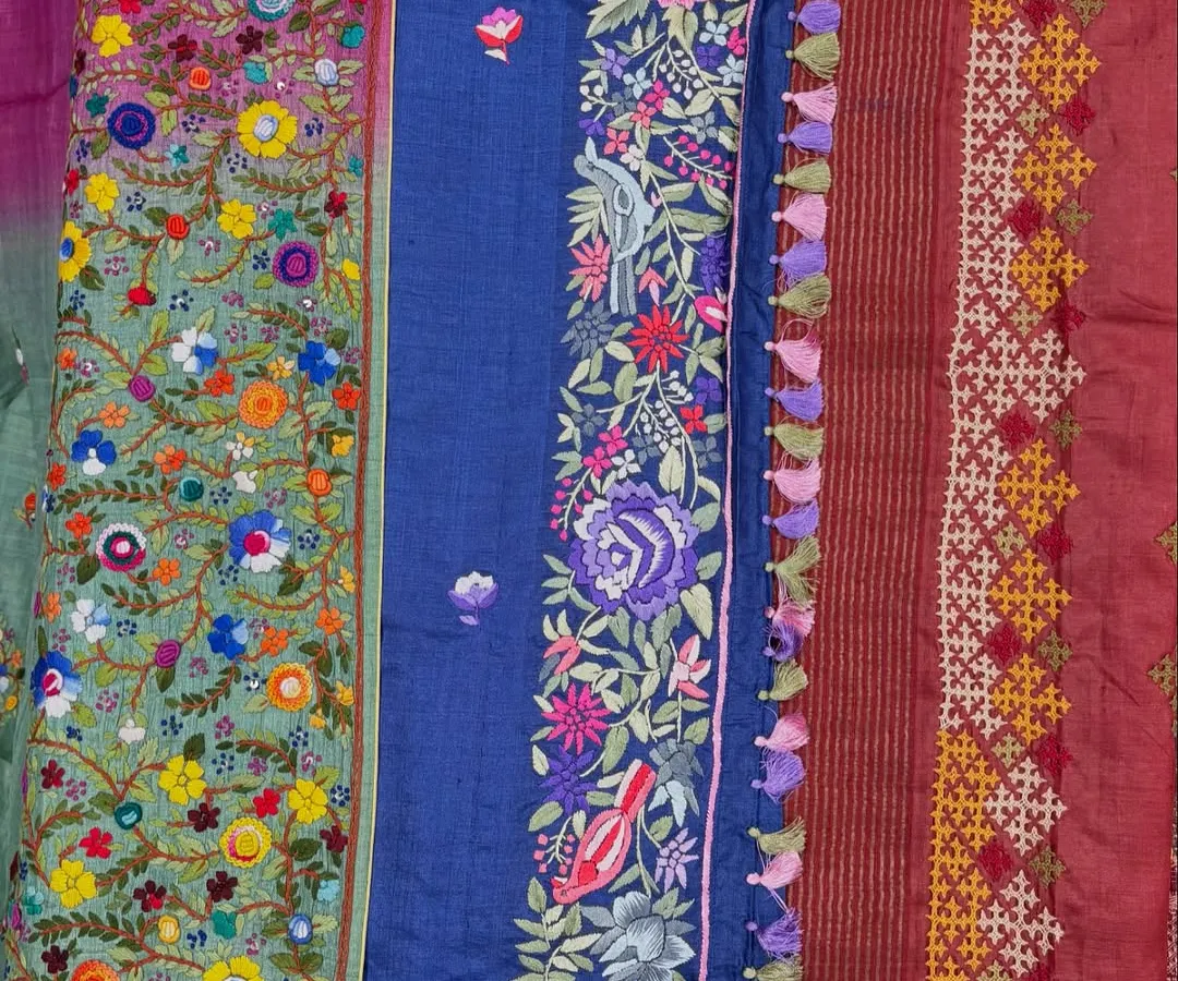 This is a glimpse into the vibrant palette and diverse textures I work with. From the rich florals of Kutch work to the geometric precision of Kasuti, I use a wide range of traditional embroidery techniques to bring your vision to life on fabric.