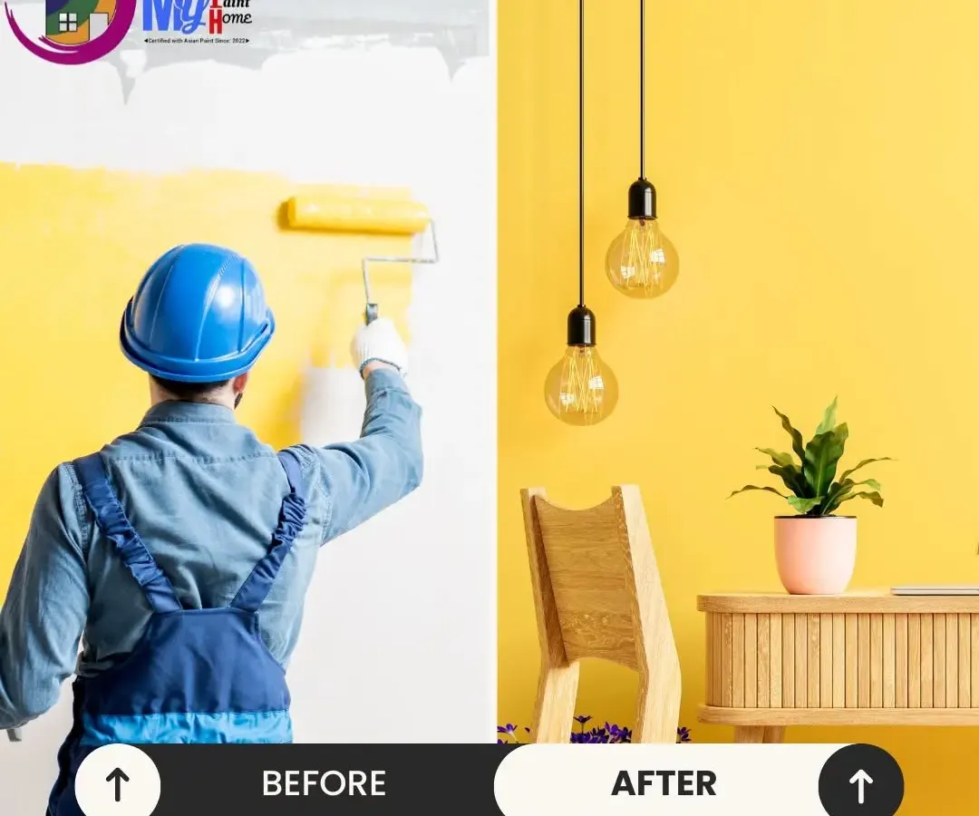 A simple before and after that shows the power of color. I helped this client choose a vibrant yellow to turn a plain wall into a bright and cheerful space. This is a great example of a living room wall painting transformation.