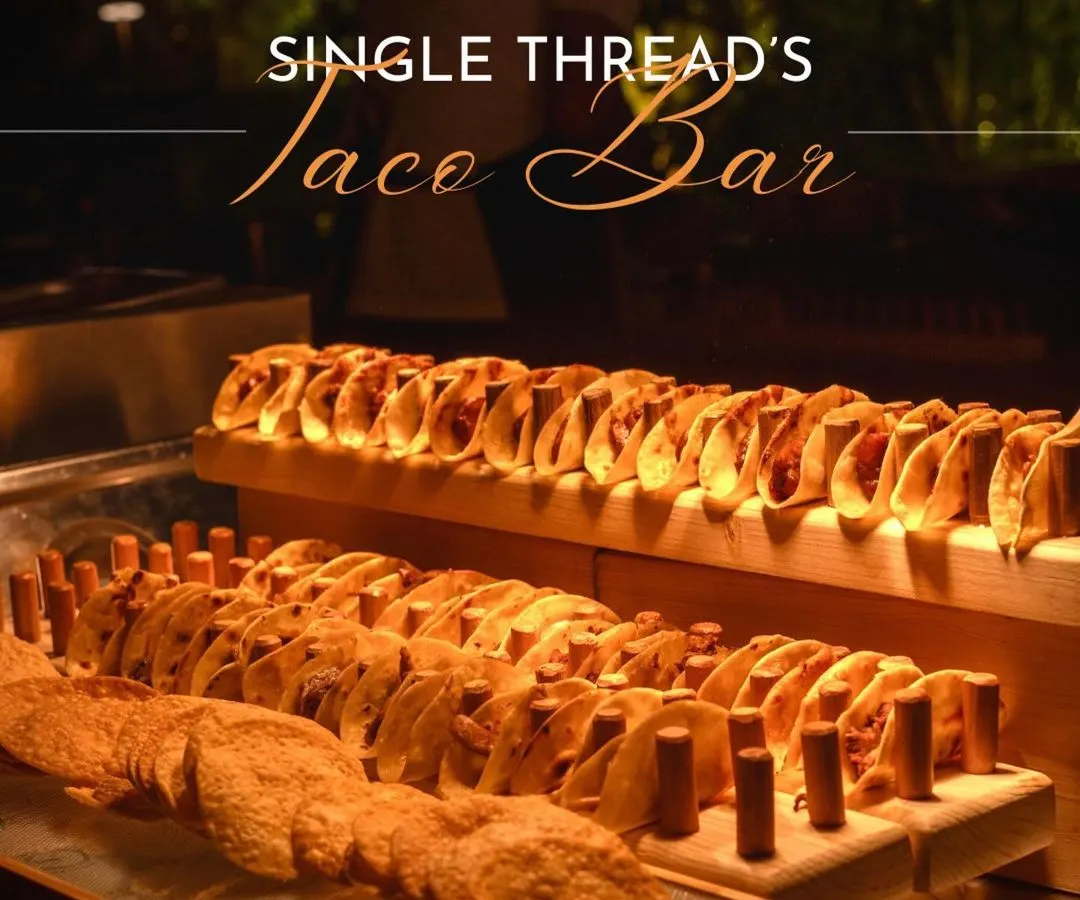 Welcome to the Single Thread Taco Bar, a guaranteed highlight of any party. We line up freshly made tortillas, ready to be filled with your choice of slow-cooked meats and vibrant salsas, creating a lively and interactive taqueria experience.