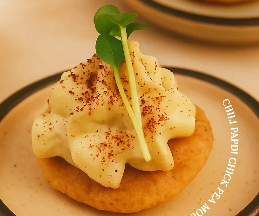 We love to reinvent classics. Here, we've transformed a traditional papdi into a modern canapé, featuring a crisp base with a delicately piped, spicy chickpea mousse. This single bite delivers a complex texture and flavour profile, perfect for starting a gourmet journey.