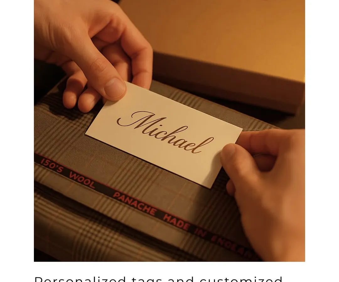 Personalization is key to making a gift memorable. Here, we are adding a custom name tag to a fabric gift set, a small detail that shows the recipient how much they are valued.