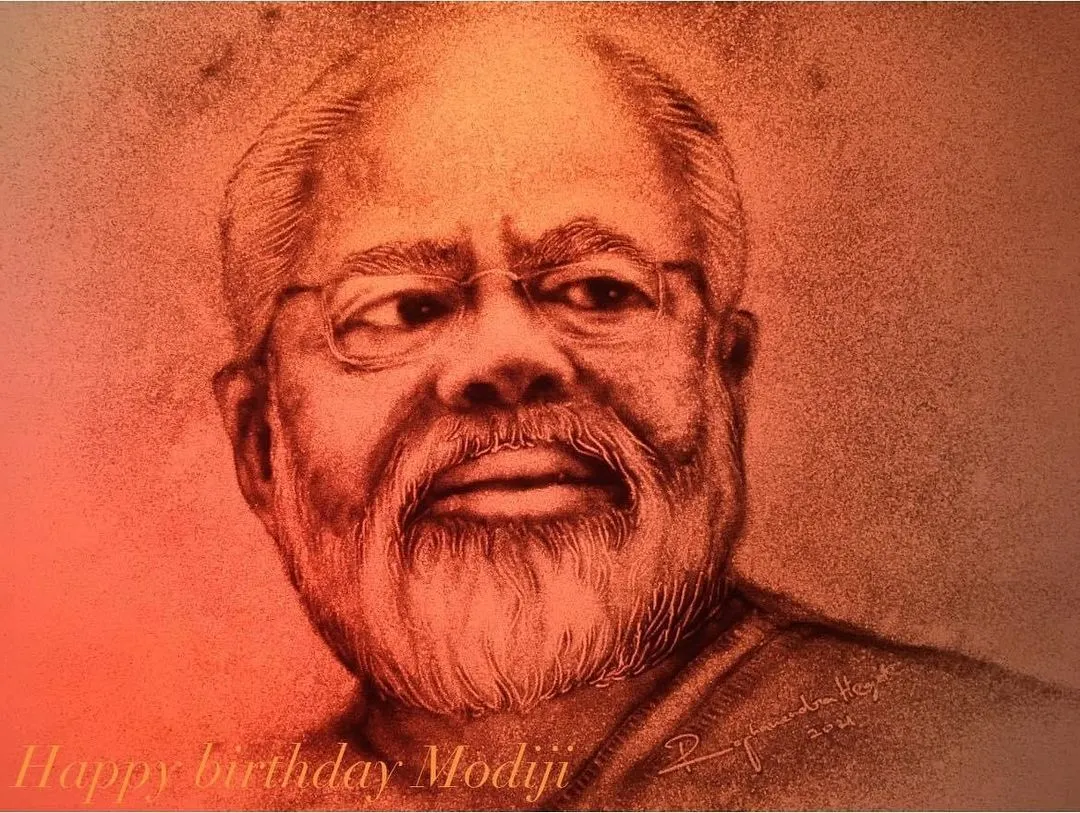 A sand portrait tribute to Prime Minister Narendra Modi on his birthday. I use fine grains of sand to capture the details and character of inspiring personalities.