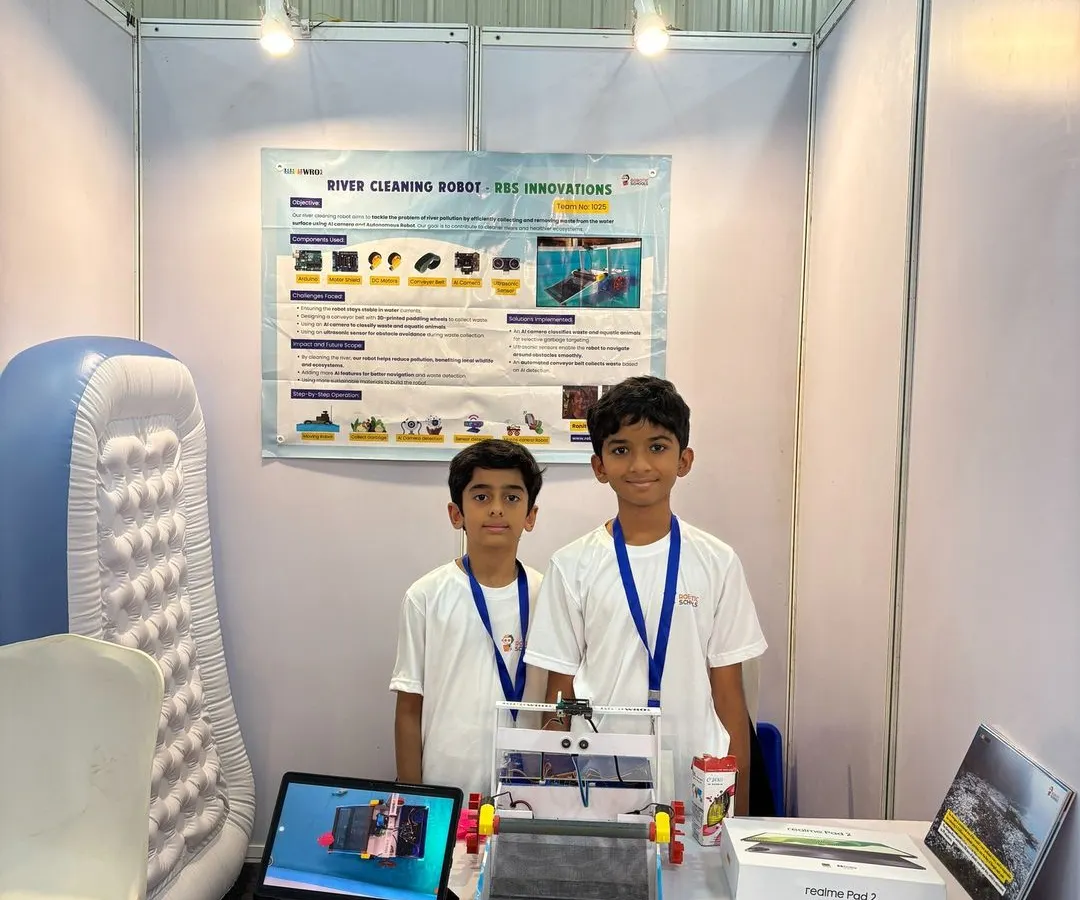 This isn't just a model; it's a working AI-powered robot designed by our students to clean rivers. We challenge our older students to tackle real-world problems using advanced robotics and artificial intelligence.