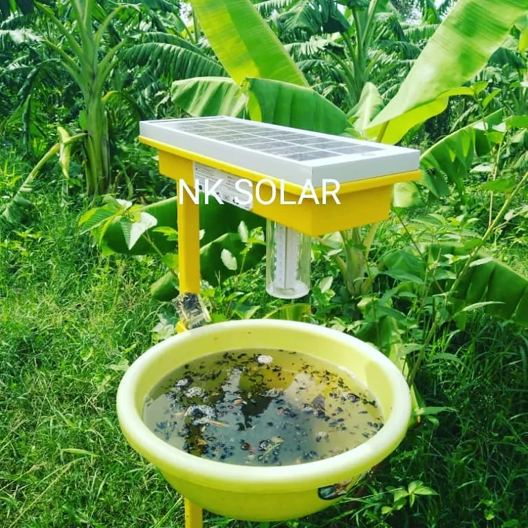 Here is our Solar Insect Trap installed on a farm. This self-contained unit uses its own solar panel to power a light that attracts and traps pests, offering a chemical-free crop protection solution for agriculture.