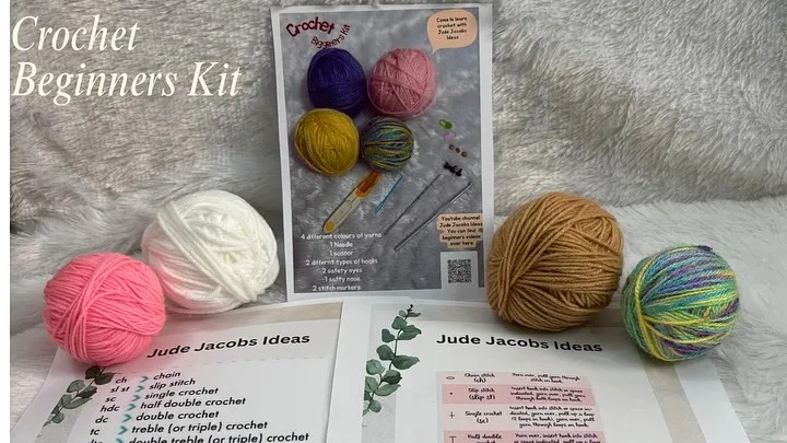 Take a look at everything packed into my Crochet Beginners Kit. You get four different colors of yarn, printed guides explaining all the crochet terms, and all the tools you need. I designed it to be a complete starter pack so you can begin crafting right away.