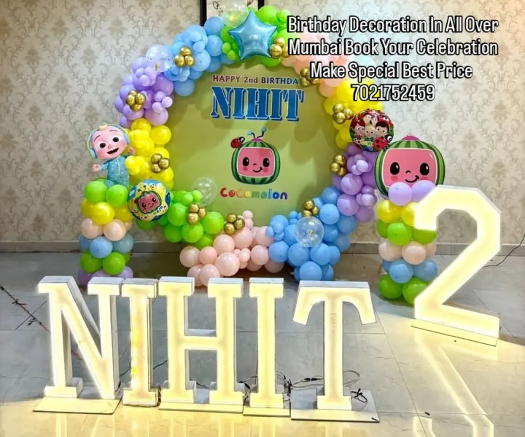 For the little ones, I bring their favorite characters to life. This Cocomelon theme for a 2nd birthday includes a colorful balloon arch, a personalized backdrop, and large light-up marquee letters with the birthday boy's name, NIKIT.