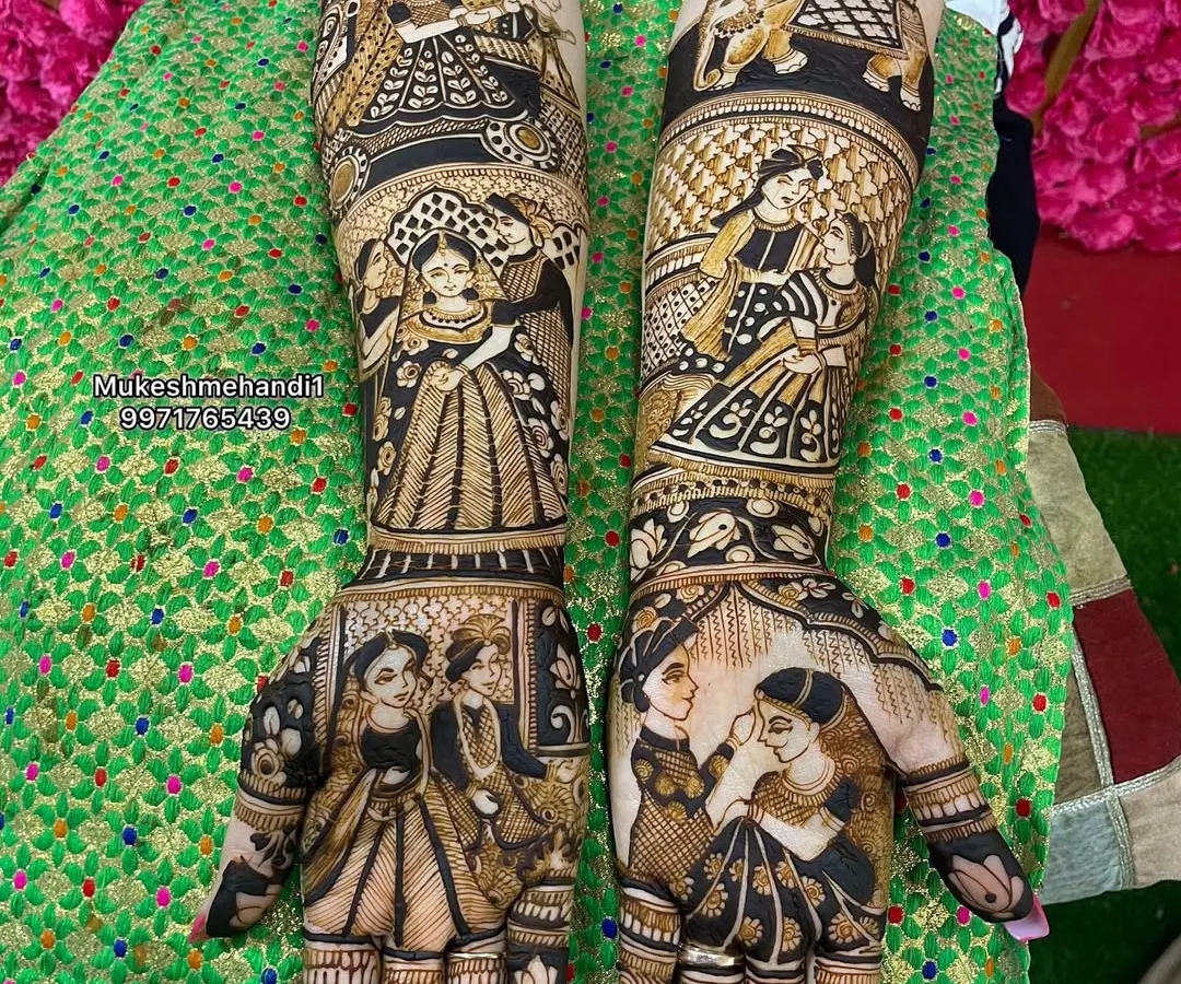 A complete bridal story on both arms. I've included multiple scenes, from the couple's portrait to the wedding rituals, creating a full narrative. This is the kind of detailed, story-based work I love to do for my brides.