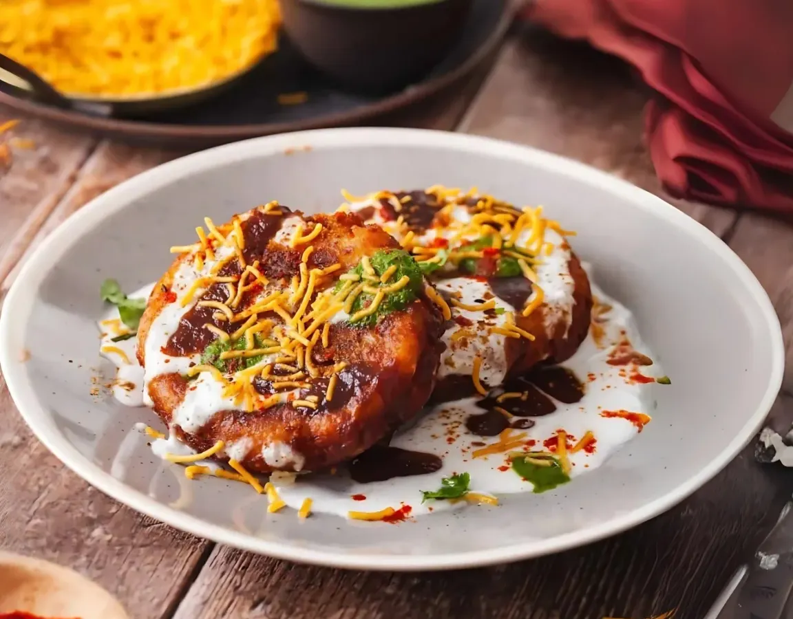 A true classic, my Aloo Tikki Chaat is a flavour explosion. It features a perfectly crisp potato patty, creamy yogurt, tangy tamarind chutney, and a sprinkle of fresh coriander and crunchy sev.