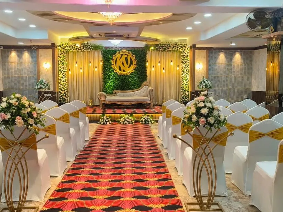 This is my indoor banquet hall at Ashirwad Banquets in Sahakar Nagar, set up for an elegant engagement ceremony. The versatile space can be decorated to match your theme, providing a fully air-conditioned, comfortable setting for your guests.