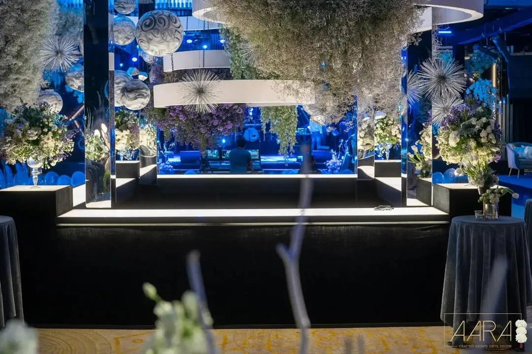 For a 'Gala Galaxy Night', I transformed the venue into a cosmos of midnight blue and icy florals. This design was inspired by the groom's love for astrophysics, featuring hand-painted orbs and a surreal play of light to create an ethereal universe.
