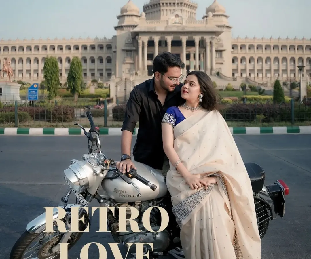 A touch of old-school romance against the iconic Vidhana Soudha in Bangalore. I love working with couples on themed shoots, like this retro concept with a classic bike, to create a pre-wedding album that is stylish and personal.