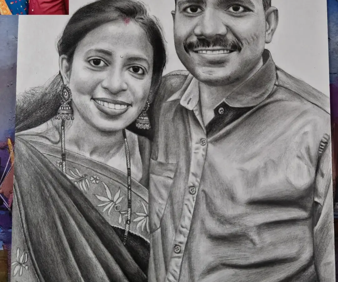 A custom couple portrait created from a client's photo. I work carefully to ensure the final pencil sketch captures the likeness and the special connection between two people, making it a perfect anniversary or wedding gift.