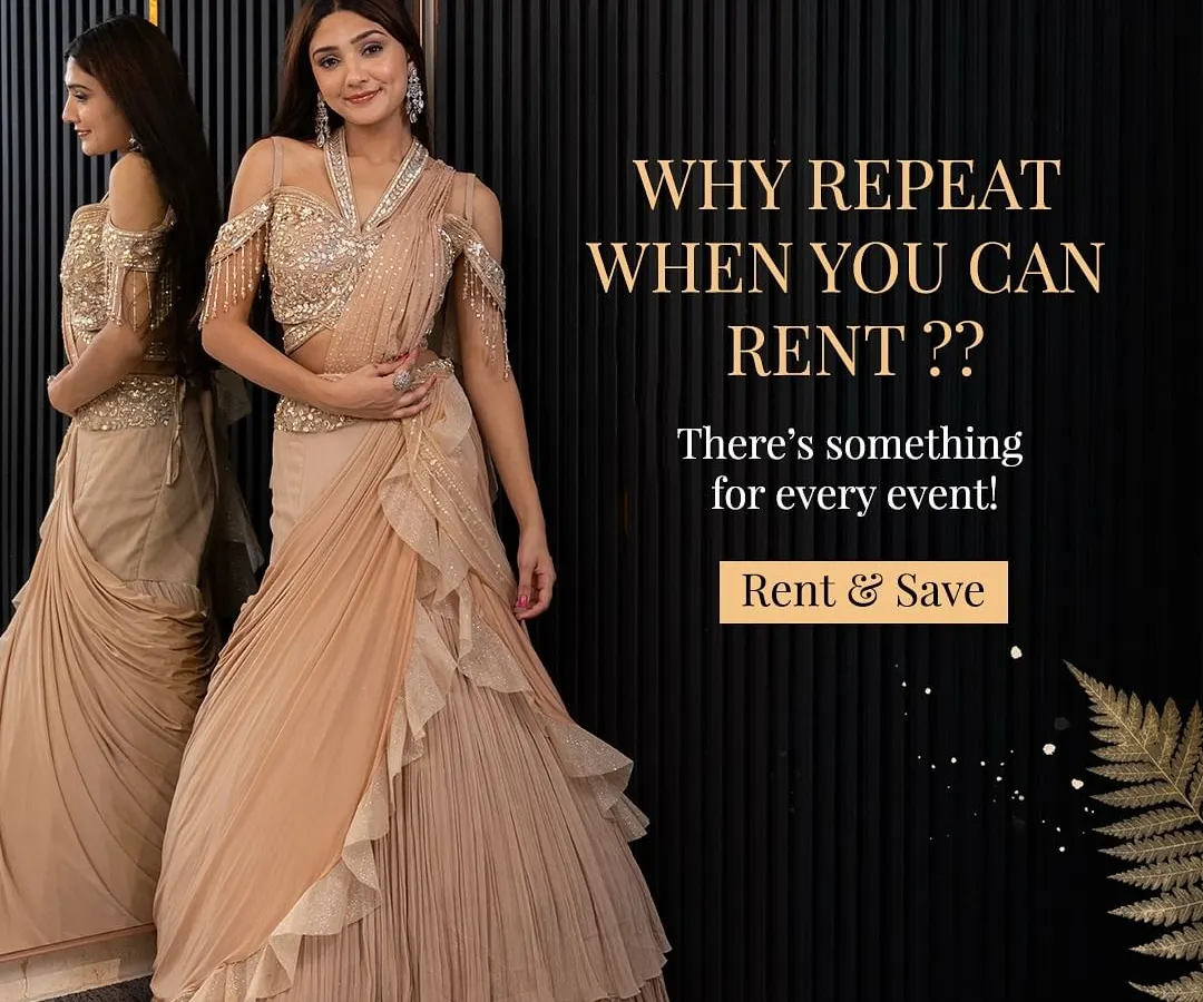 Why repeat an outfit when you can rent a new look for every event? This modern ruffled and draped saree-style gown in a beautiful beige is perfect for a cocktail party or reception, giving you a high-fashion look without the commitment.