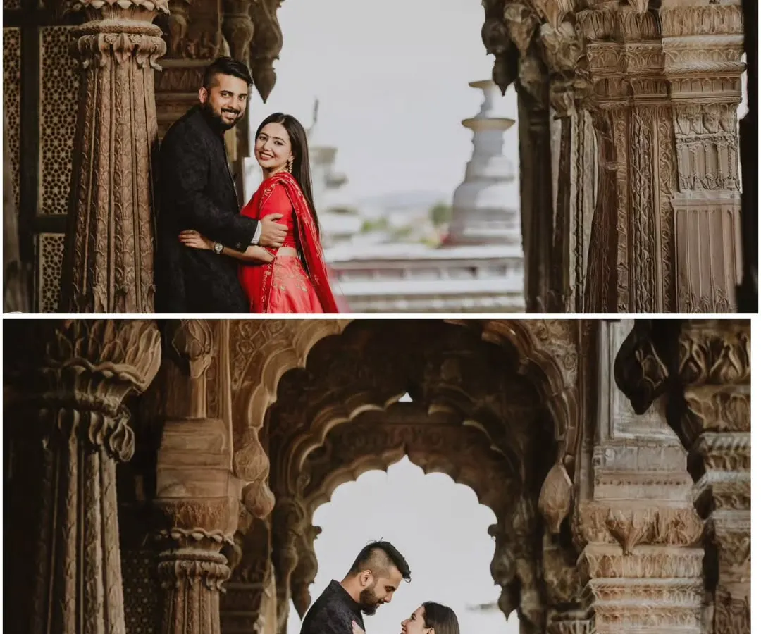 A collage showcasing a royal-themed pre-wedding shoot within the stunning arched corridors of a historic fort. We use the architectural symmetry and heritage details to frame the couple's connection.