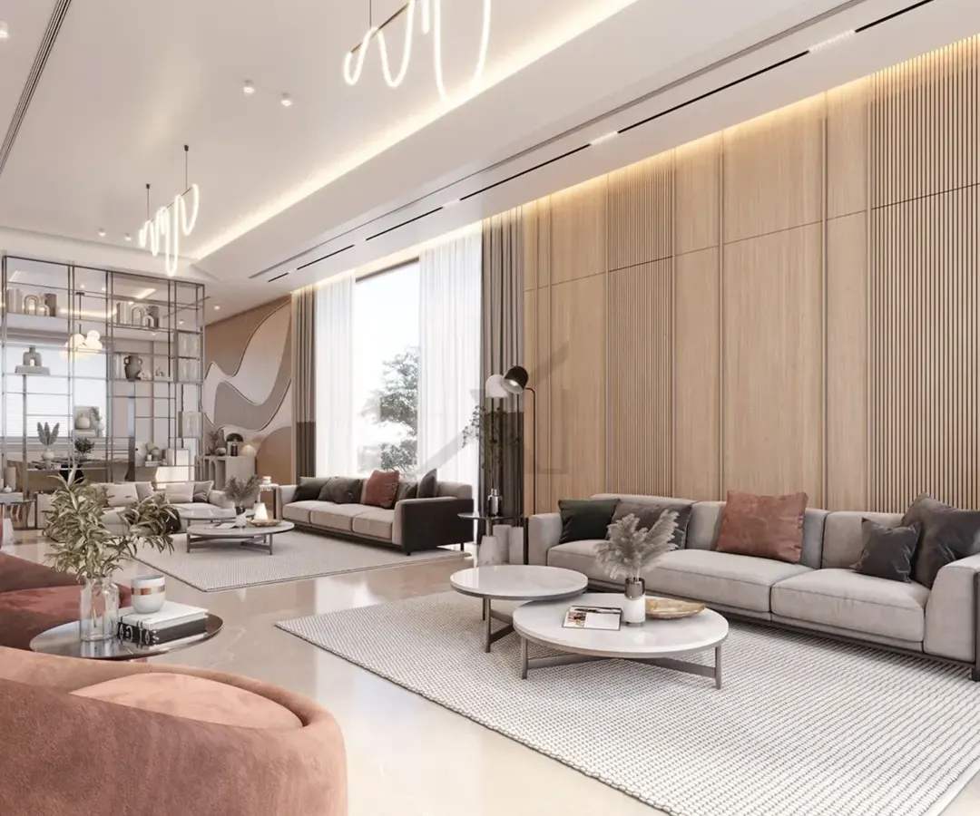 We designed this expansive living area to achieve spatial harmony. The open layout, defined by clean lines, wood-paneled walls, and custom lighting, creates distinct zones for gathering and reflection while maintaining a feeling of boundless comfort.