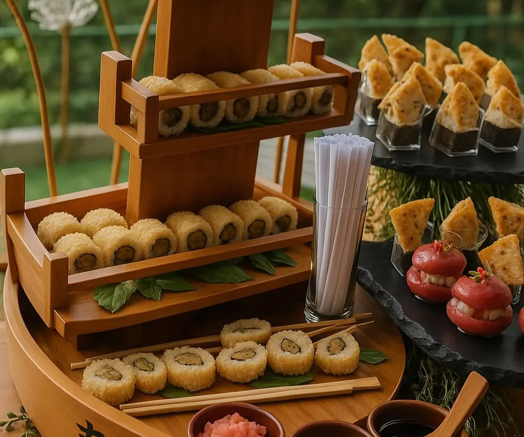 All aboard the flavour wave with my magnificent Sushi Boat. This is more than just food; it's a showstopper designed to be the centerpiece of your celebration. Each roll is crafted with fresh, vibrant vegetarian ingredients, making it a hit for all sushi lovers.