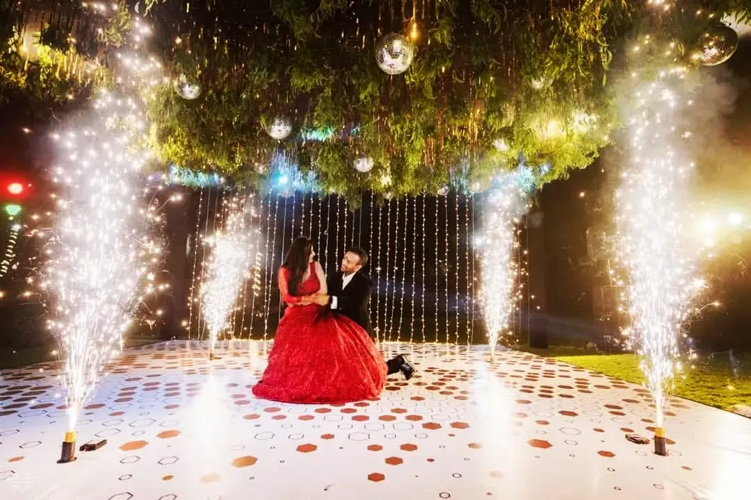 This is what a fairytale moment looks like. I choreographed this romantic couple's dance with perfectly timed cold fire fountains to create a magical, high-impact memory under the stars.