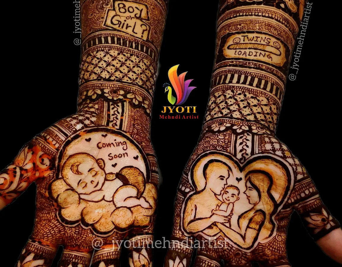 My course teaches you to go beyond traditional designs. You will learn to create unique, themed mehndi for special occasions like this detailed baby shower design, featuring portraits, text, and charming baby-related motifs.